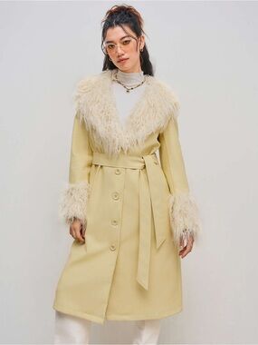 Vrg Grl Pale Yellow Penny Lane Coat Faux Leather Faux-Fur Trim - US 6 (Medium)